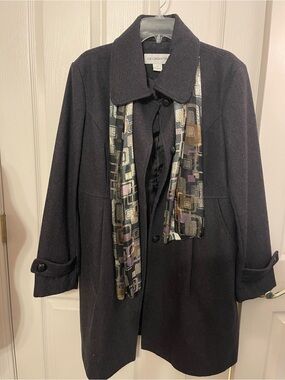 Liz Claiborne Black Wool-Blend Pea Coat with Patterned Scarf